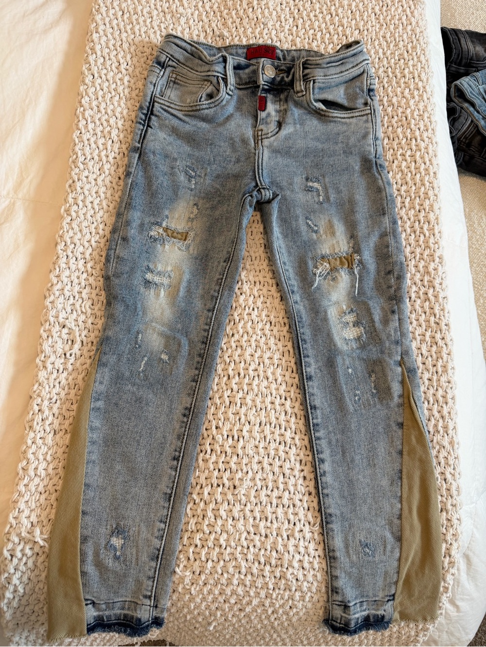 Distressed Light Blue Women’s Jeans with Olive Side Panels
